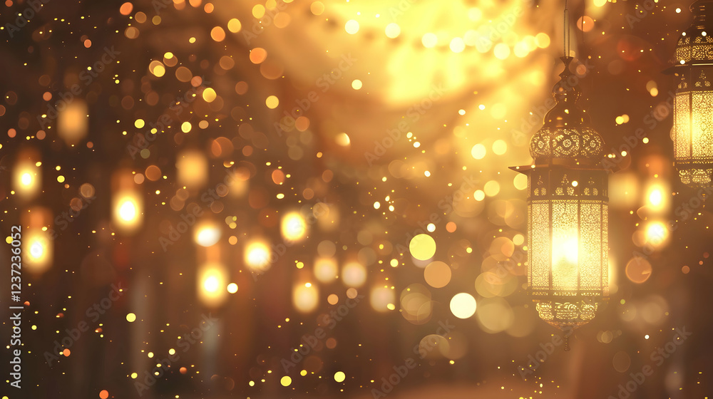 Obraz premium A warm, glowing scene featuring decorative lanterns and soft bokeh lights.