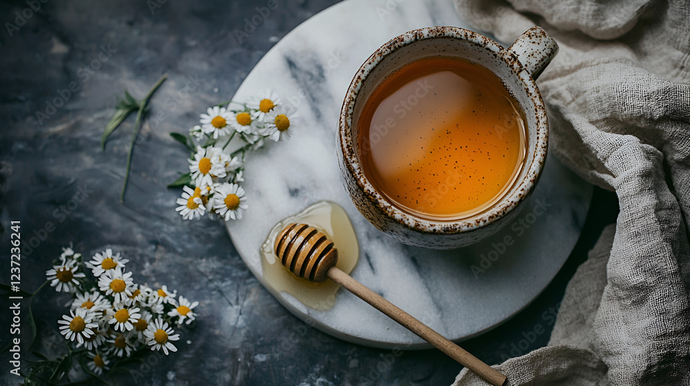 A cup of herbal tea with honey, adorned with chamomile flowers. A soothing and comforting scene. A cup of herbal tea with honey, adorned with chamomile flowers. A soothing and comforting scene.