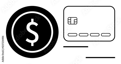 Coin with dollar sign next to a credit card with chip, representing financial transactions and electronic payments. Ideal for finance, banking, e-commerce, payment methods, budgeting, digital