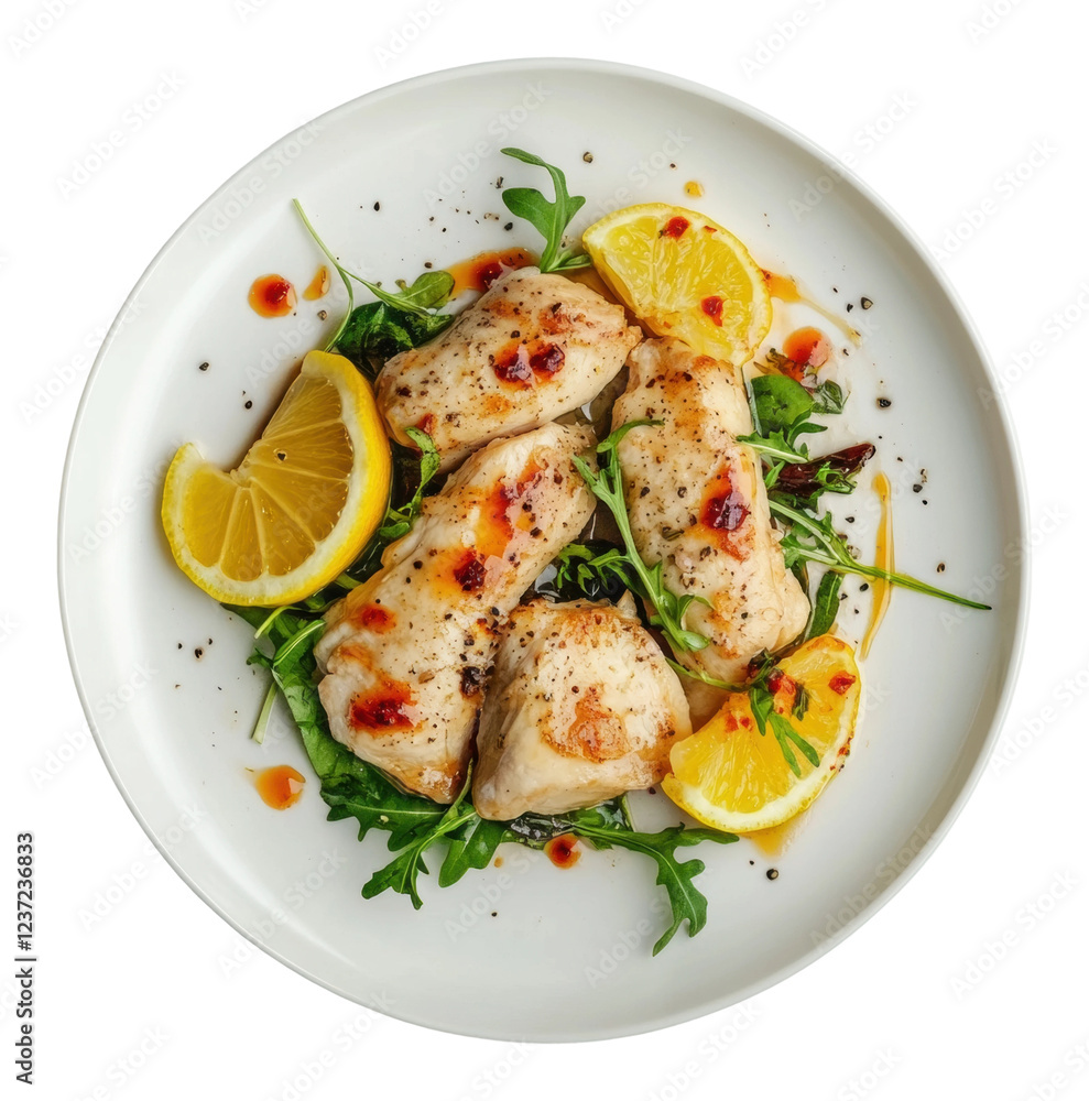Grilled fish fillets served with arugula and lemon isolated on transparent background Grilled fish fillets served with arugula and lemon isolated on transparent background