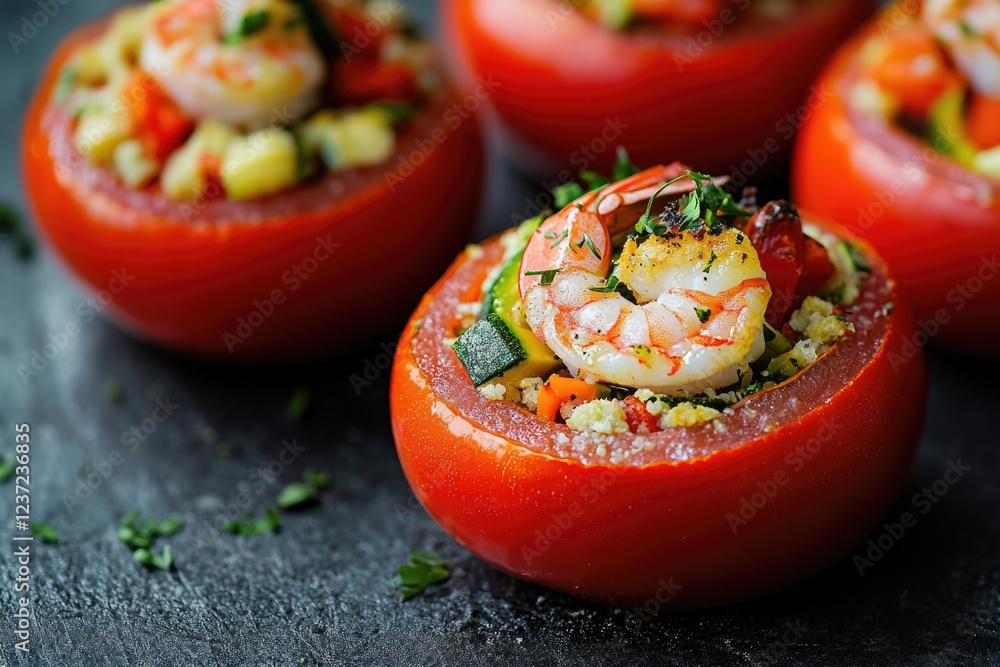 Fresh tomatoes stuffed with shrimp and herbs. Fresh tomatoes stuffed with shrimp and herbs.