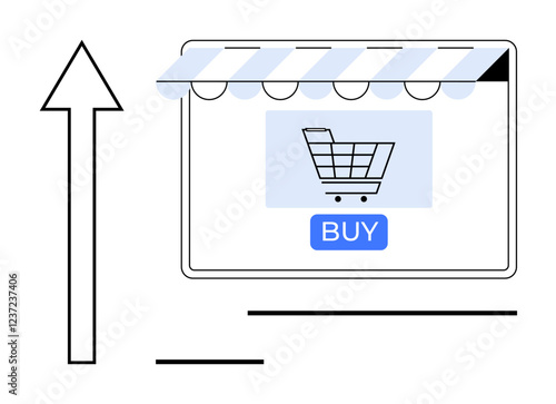 Digital shopping cart on screen under striped awning, with large upward arrow signifying growth or progress. Ideal for e-commerce, sales increase, business growth, online retail, digital marketing