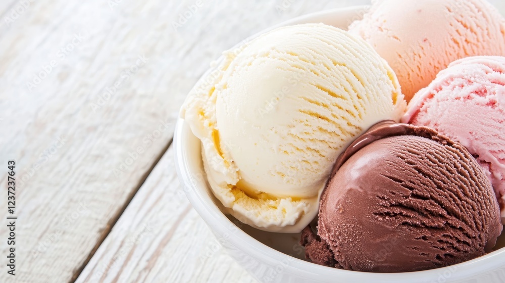 Colorful vanilla, chocolate, strawberry ice cream scoops sitting in white bowl, resting on rustic wooden surface, representing refreshing summer dessert Colorful vanilla, chocolate, strawberry ice cream scoops sitting in white bowl, resting on rustic wooden surface, representing refreshing summer dessert