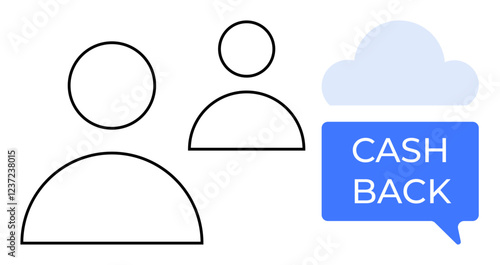 Two simplistic human figures accompanied by a cloud speech bubble containing the text CASH BACK. Ideal for loyalty programs, promotions, customer engagement, rewards, discounts, financial incentives