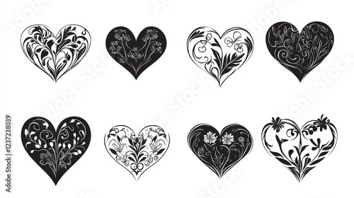 Set of heart-shaped love logo variations in modern minimalist design