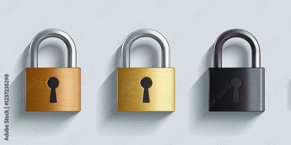 A set of three padlocks with different colors and designs, symbolizing security and access control in various situations. A set of three padlocks with different colors and designs, symbolizing security and access control in various situations.
