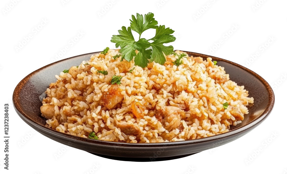 Savory rice dish with herbs and chicken pieces isolated on transparent background Savory rice dish with herbs and chicken pieces isolated on transparent background