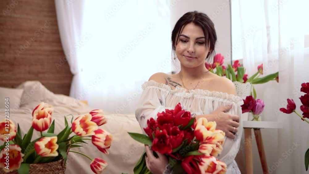 Elegant woman in flowing dress sitting on bedroom floor, carefully arranging vibrant tulips in decorative vases and rustic baskets, embodying springtime serenity and domestic grace Elegant woman in flowing dress sitting on bedroom floor, carefully arranging vibrant tulips in decorative vases and rustic baskets, embodying springtime serenity and domestic grace