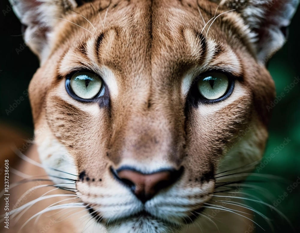 Glimpsing into the world of a puma, this close-up showcases intricate patterns in eyes and fur as it rests in its habitat. Intense gaze. Pumas are a genus of predators from cat family. Generative AI Glimpsing into the world of a puma, this close-up showcases intricate patterns in eyes and fur as it rests in its habitat. Intense gaze. Pumas are a genus of predators from cat family. Generative AI