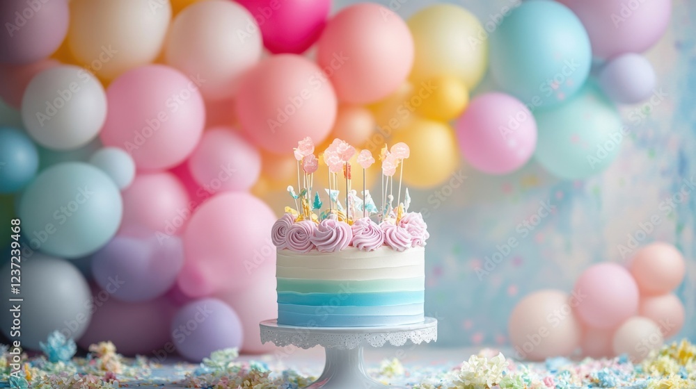 Pastel-themed birthday cake with decorative toppers and colorful balloon background Pastel-themed birthday cake with decorative toppers and colorful balloon background