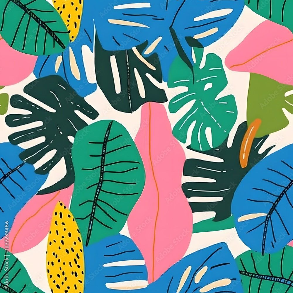 Fototapeta premium Vibrant tropical leaf pattern in bold colors creates a lively and dynamic visual backdrop for various design applications