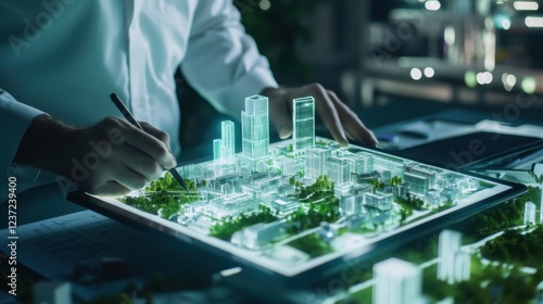 An intricate shot of an architect designing urban landscapes on a digital tablet, Urban planning scene, Sustainable development style