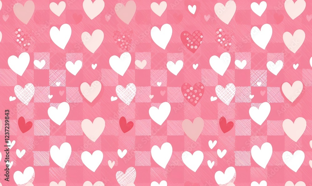 Valentine's Day background with pink gingham pattern and white hearts Valentine's Day background with pink gingham pattern and white hearts