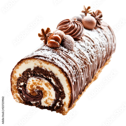 Chocolate yule log with cream filling and decorative toppings on transparent background isolated png photo