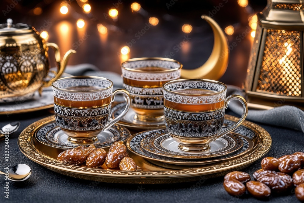 Elegant tea setup with dates in a cozy, festive atmosphere. Elegant tea setup with dates in a cozy, festive atmosphere.