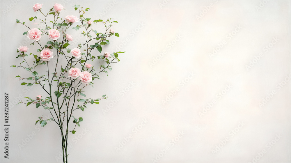 Elegant pink roses arranged against a soft white background create a serene and calming atmosphere