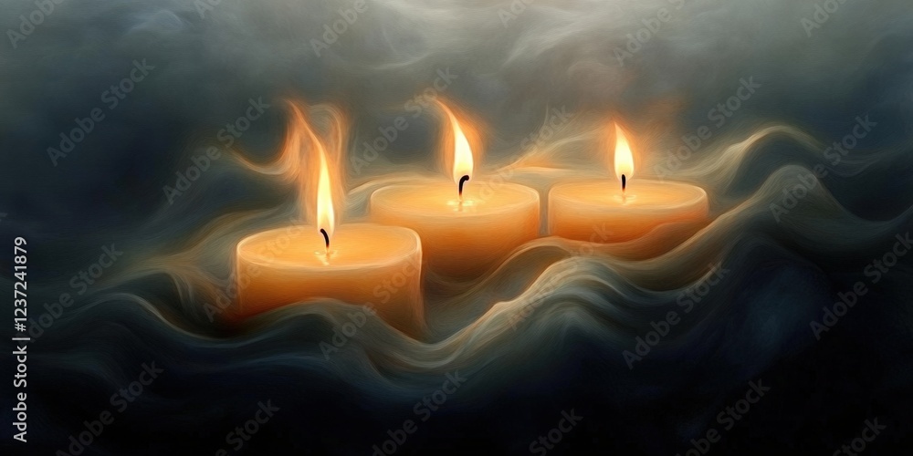 Fototapeta premium Three candles burning in smoky darkness, remembrance, peace.