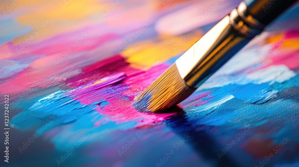 Fototapeta premium Paintbrush delicately applies vibrant, colorful strokes to a canvas, creating an impression of dynamic and innovative artistic production
