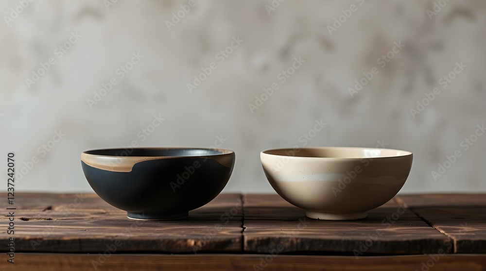 two ceramic bowls placed on a rustic wooden table, space for copy two ceramic bowls placed on a rustic wooden table, space for copy
