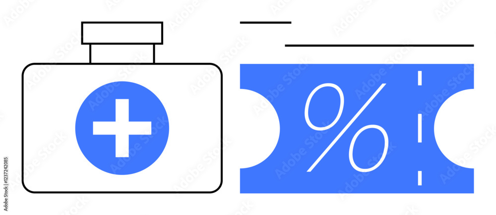 Medical kit next to a blue discount coupon with percentage sign. Ideal for healthcare cost savings, medical discounts, health insurance, wellness programs, economical healthcare, patient care Medical kit next to a blue discount coupon with percentage sign. Ideal for healthcare cost savings, medical discounts, health insurance, wellness programs, economical healthcare, patient care