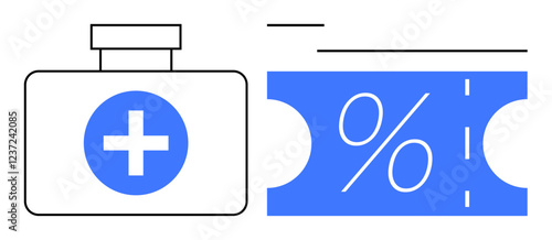 Medical kit next to a blue discount coupon with percentage sign. Ideal for healthcare cost savings, medical discounts, health insurance, wellness programs, economical healthcare, patient care