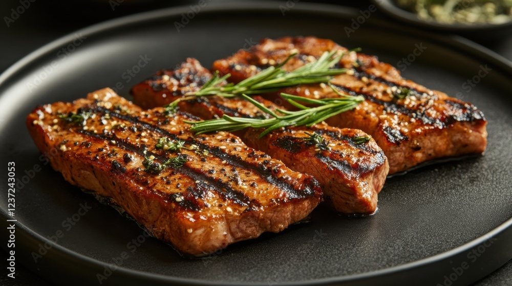 Grilled beef steaks garnished with rosemary on black plate Grilled beef steaks garnished with rosemary on black plate