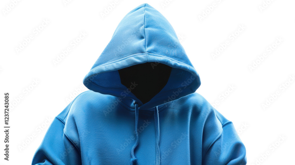 Anonymous person wearing blue hoodie with covered face on transparent background Anonymous person wearing blue hoodie with covered face on transparent background