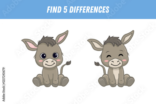 Find 5 differences between two pictures of cute cartoon donkey isolated on white background. Funny animal in flat style. Activity page. Vector illustration.