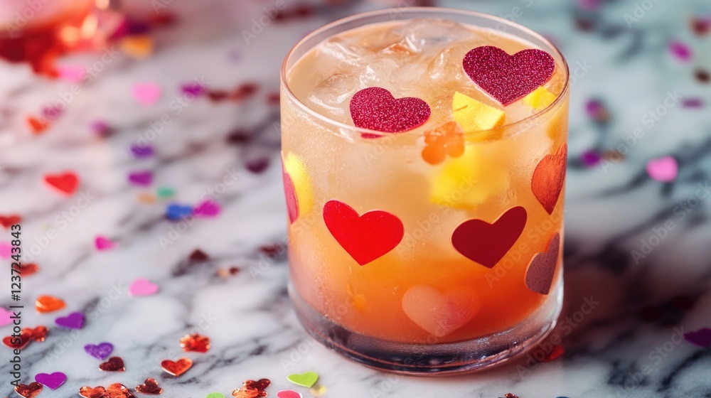 Valentine's day cocktail with ice cubes and heart-shaped decorations. Valentine's day cocktail with ice cubes and heart-shaped decorations.