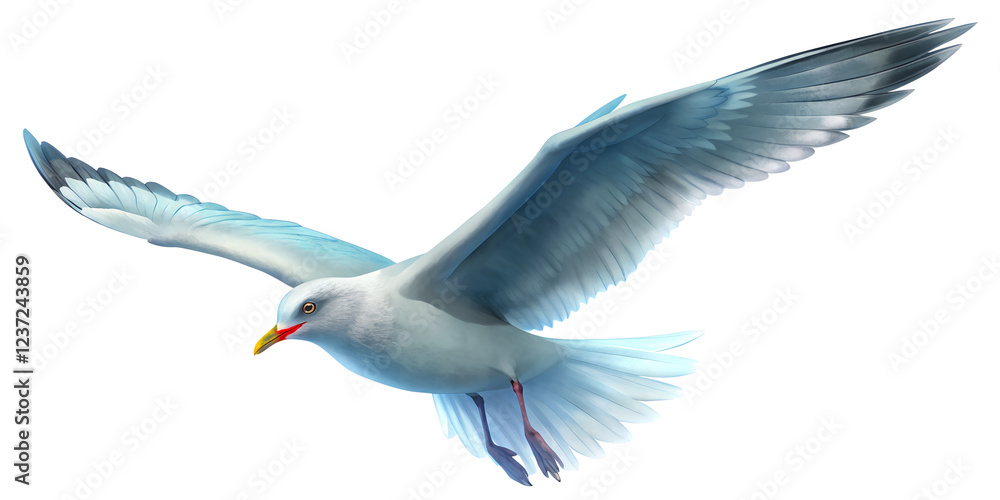 Obraz premium Majestic white seagull soaring over the ocean waves during a clear blue sky at midday Transparent PNG