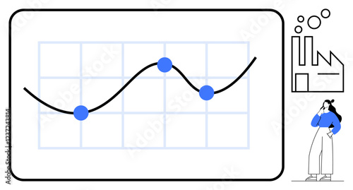 Black line graph with blue data points on grid background, factory and person contemplating graph. Ideal for analytics, industry trends, business growth, data visualization, performance tracking