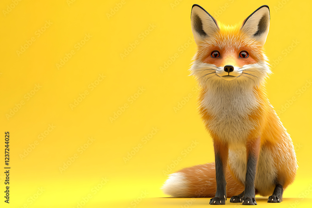 Obraz premium fox on a yellow background, fox on a blank yellow background, a fox, fox, cute fox, yellow background, copy space for add text, 3d rendering, 3d, vector, AI generative