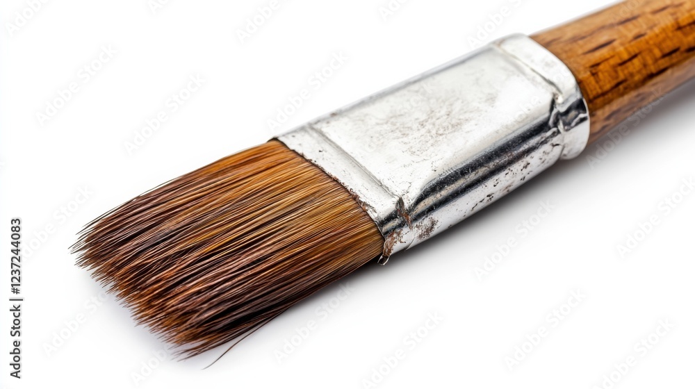 Close-up of a flat paintbrush with wooden handle and metallic ferrule on white background Close-up of a flat paintbrush with wooden handle and metallic ferrule on white background