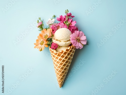 Close-up of a colorful ice cream cone with vibrant flowers as garnish on a pastel background.