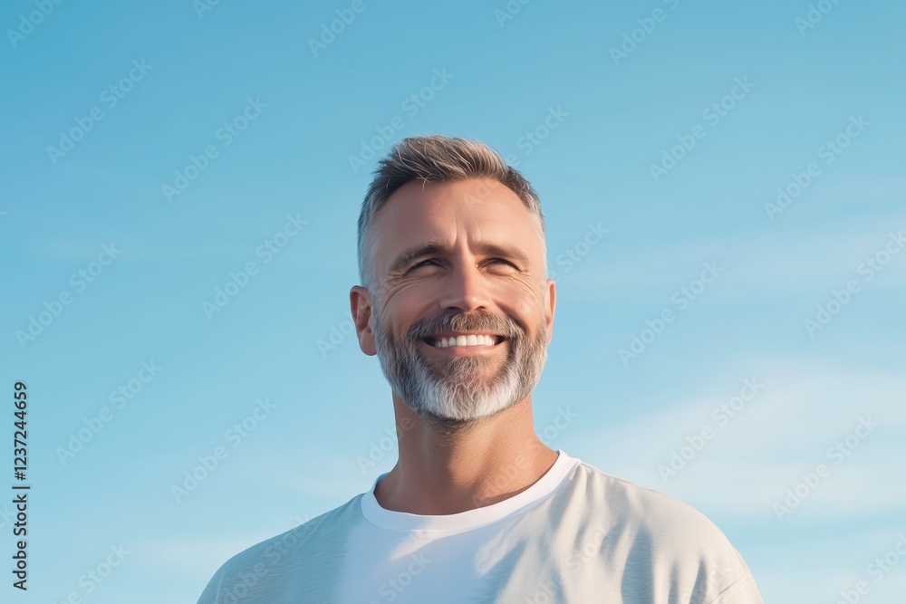 Happy smiling mature man looking up at clear blue sky, feeling freedom and happiness Happy smiling mature man looking up at clear blue sky, feeling freedom and happiness