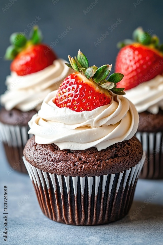 Three delectable chocolate cupcakes topped with fresh strawberries and whipped cream. A sweet, indulgent treat. Three delectable chocolate cupcakes topped with fresh strawberries and whipped cream. A sweet, indulgent treat.