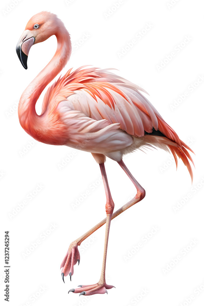 Flamingo gracefully walking with elegant posture against a clean background in a vibrant display of pink feathers and long legs Transparent PNG