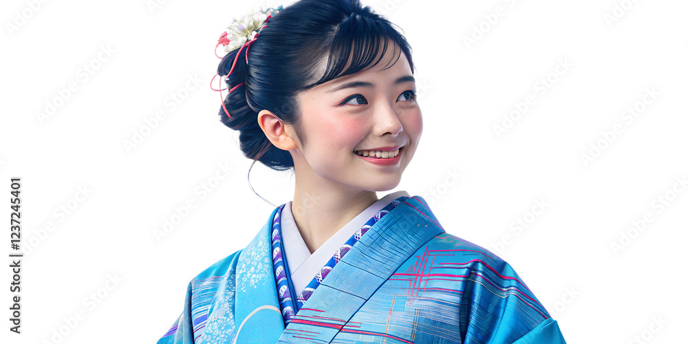 Young woman in traditional blue kimono smiles brightly while showcasing intricate hair details and elegant attire in a studio setting Transparent PNG Young woman in traditional blue kimono smiles brightly while showcasing intricate hair details and elegant attire in a studio setting Transparent PNG