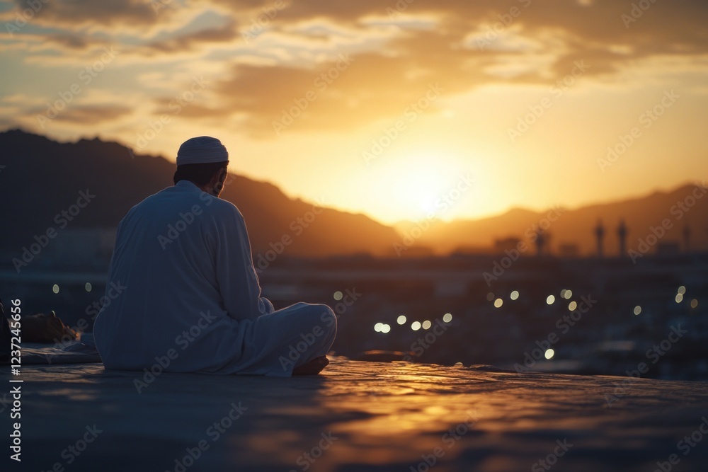 Fototapeta premium A man in a white robe, sitting on the edge of a rooftop during sunset, engaging in Islamic prayer with his head down.