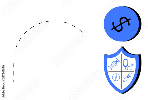 Shield with DNA, pill, syringe, stethoscope. Crossed-out dollar icon. Dotted line path. Ideal for medical insurance, healthcare safety, financial protection cost control medical budgeting health