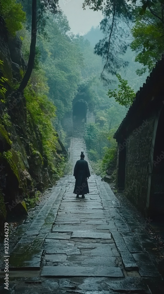 Fototapeta premium Monk on mountain path, misty forest, ancient architecture, spiritual journey, travel photography.