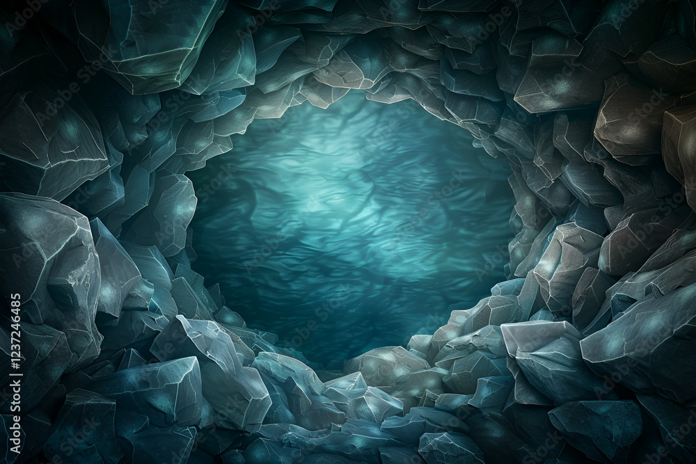 Obraz premium Mystical underwater cave with rocky walls and shimmering turquoise water