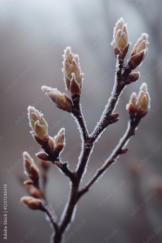 Icy frost on branches of blooming flowers in a serene landscape, capturing the delicate contrast between winter's cold and spring's new growth. Icy frost on branches of blooming flowers in a serene landscape, capturing the delicate contrast between winter's cold and spring's new growth.