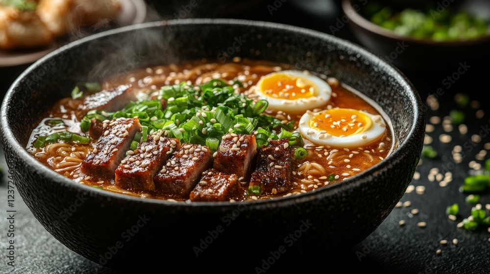 Satisfying Bowl of Steaming Ramen with Flavorful Broth and Tasty Toppings - Japanese Cuisine Delight Satisfying Bowl of Steaming Ramen with Flavorful Broth and Tasty Toppings - Japanese Cuisine Delight