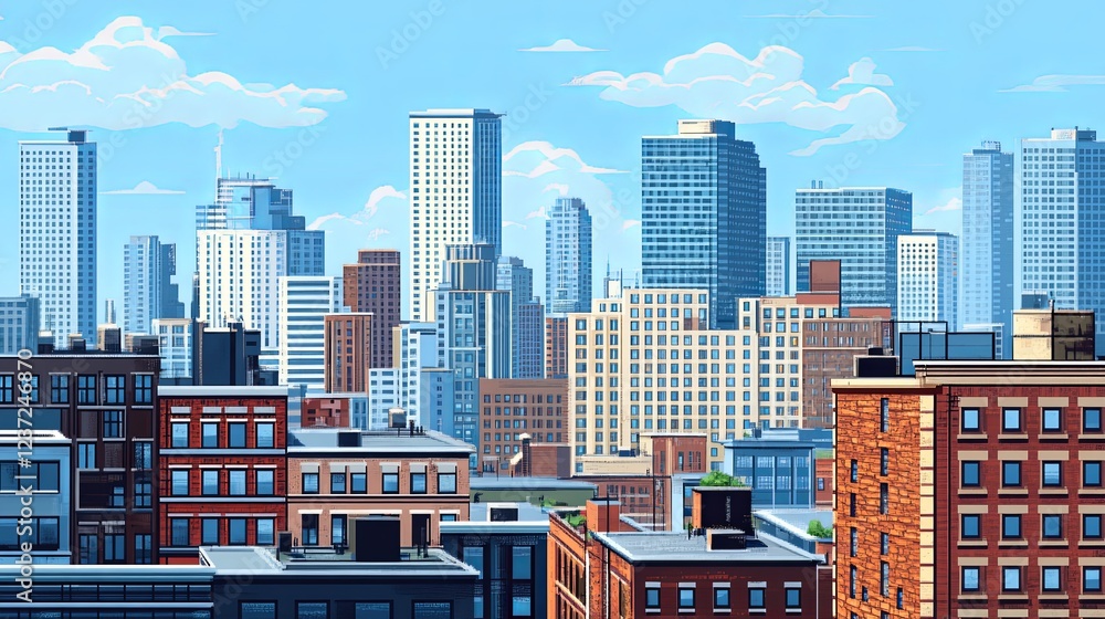 City skyline featuring modern buildings under a bright blue sky during daytime hours City skyline featuring modern buildings under a bright blue sky during daytime hours