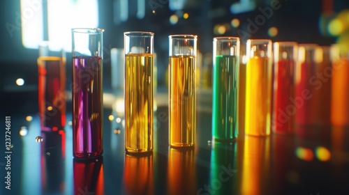 Test tubes filled with brightly colored liquids represent an innovative production process in a modern laboratory setting, reflecting advancements in chemistry and manufacturing