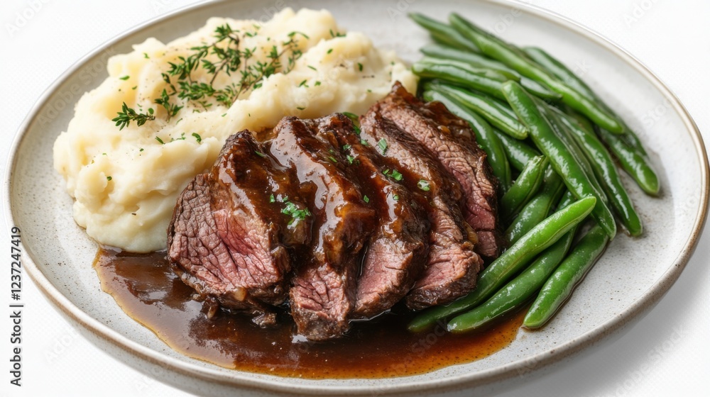 Juicy sliced beef steak with gravy, creamy mashed potatoes, and steamed green beans on a plate Juicy sliced beef steak with gravy, creamy mashed potatoes, and steamed green beans on a plate