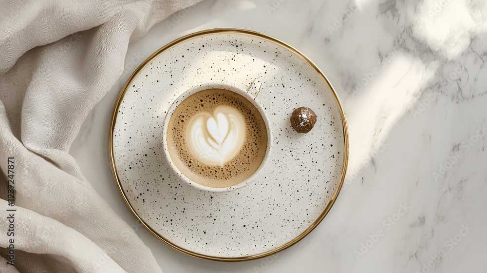 A cup of coffee with latte art, accompanied by a small treat, sits on a speckled plate. A cup of coffee with latte art, accompanied by a small treat, sits on a speckled plate.