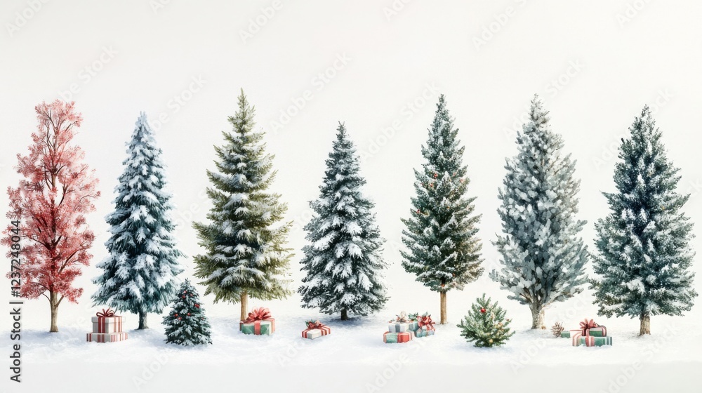 Obraz premium Festive snow-covered christmas trees with colorful gifts in winter wonderland