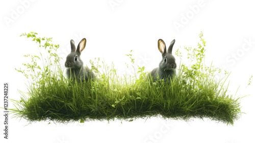 Two rabbits hiding in green grass with transparent background